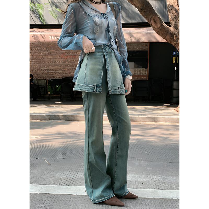 A美洋MEIYANG 绿皮书牛仔裤【商场同款】辣妹高腰微喇裤/可拆卸屁帘