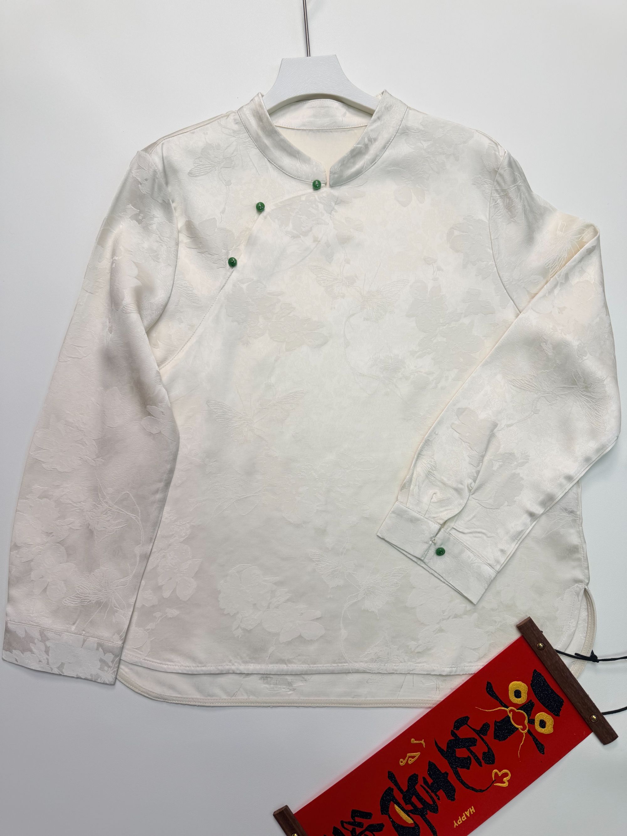 【蝶恋花】斜襟长袖常规款圆领提花薄款上衣小衫重磅百搭中国风