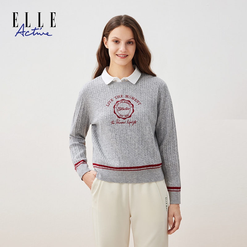 ELLE Active【含绵羊毛】经典绞花毛衣花灰色圆领保暖上衣休闲女装