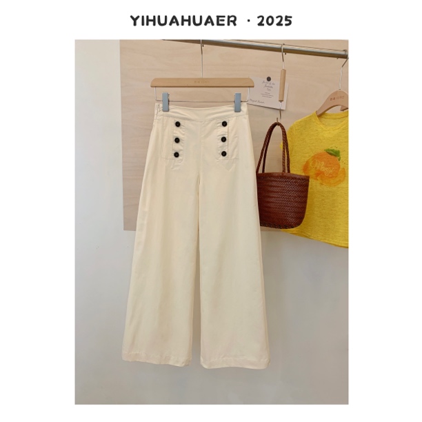 东大门韩系复古钮扣设计感侧边拉链百搭高腰显瘦休闲阔腿裤3519