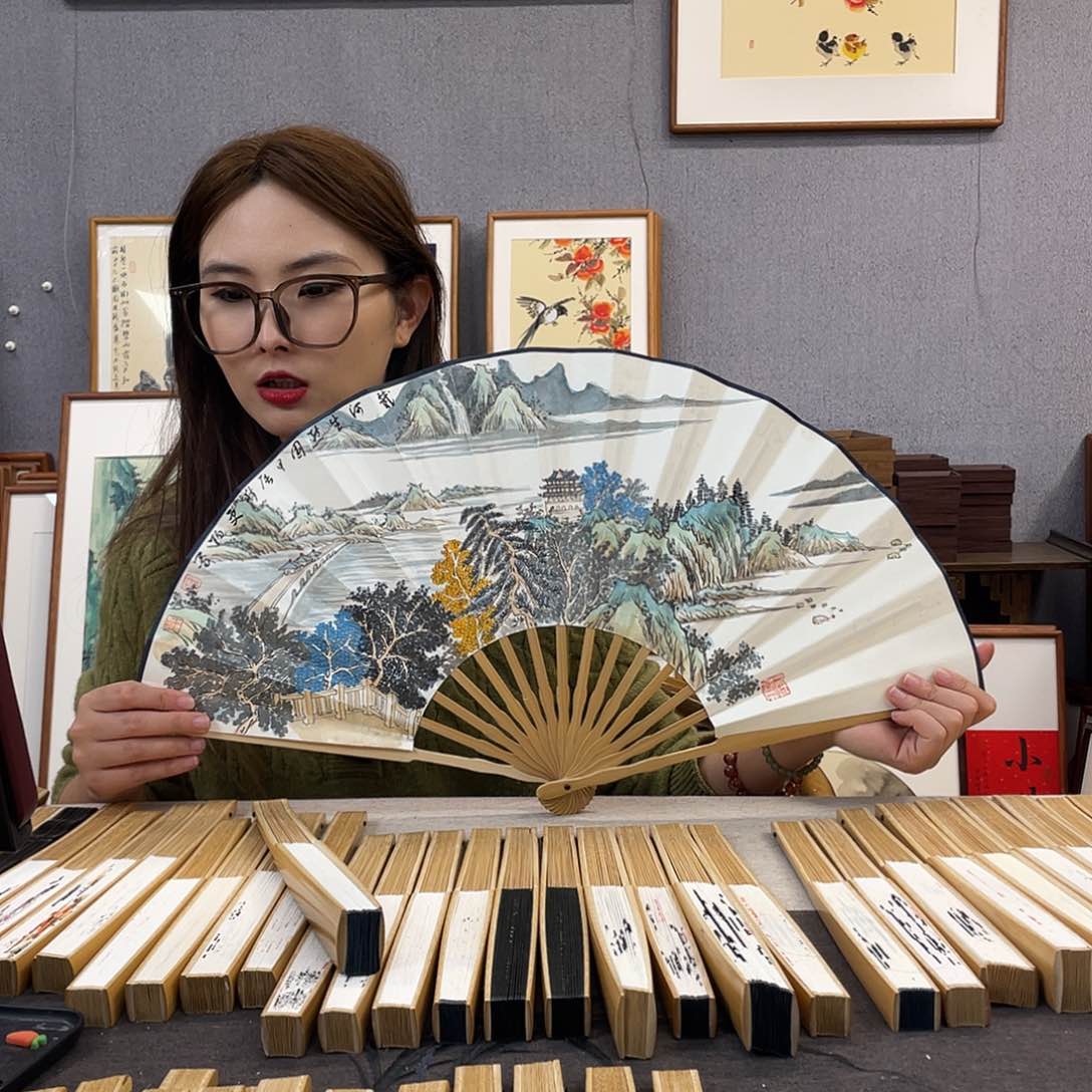 国画10寸玉竹-纯手绘-文玩扇骨（默认粘好）