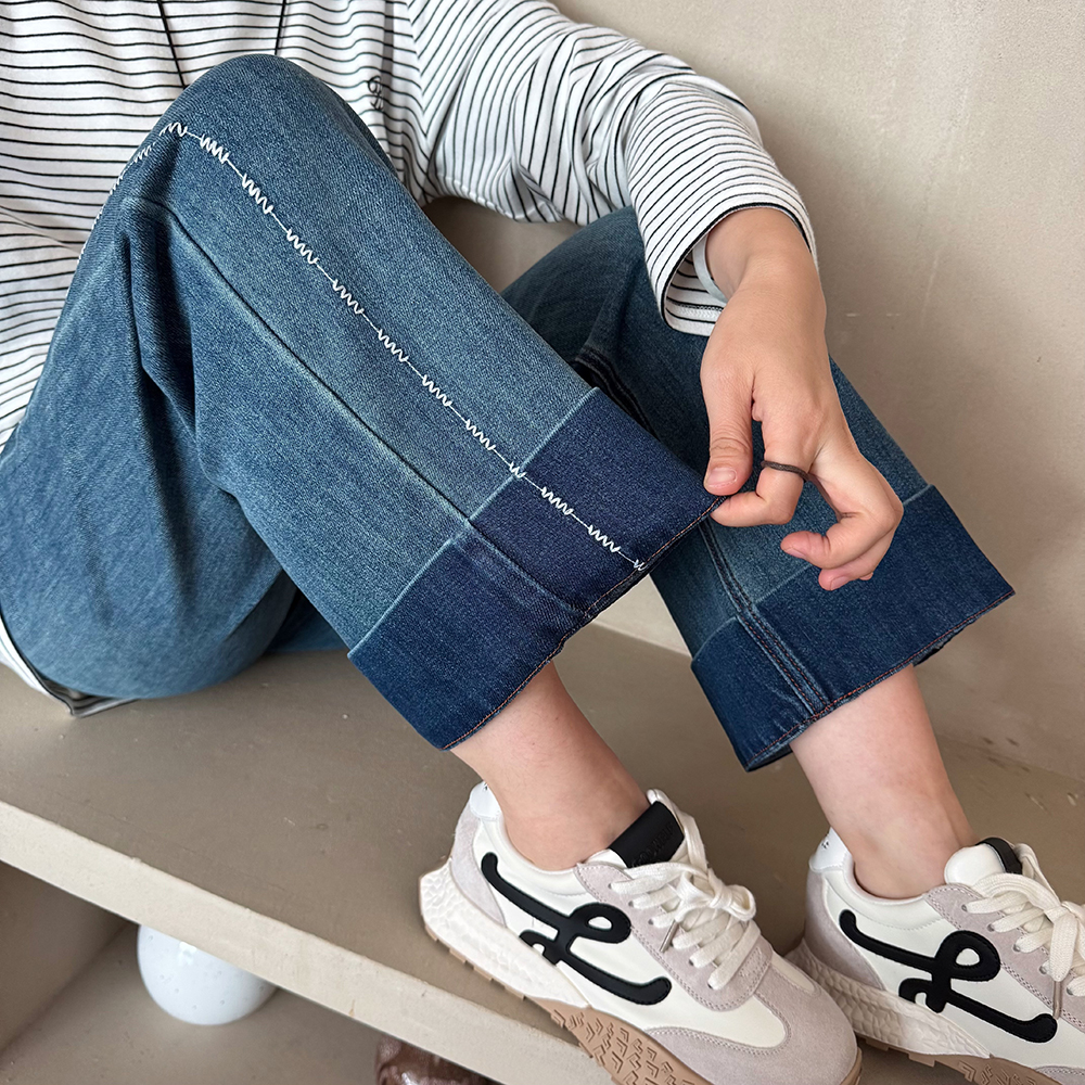 【秋上新】胖mm显瘦刺绣牛仔阔腿裤休闲长裤200斤大码女装_1553_GN