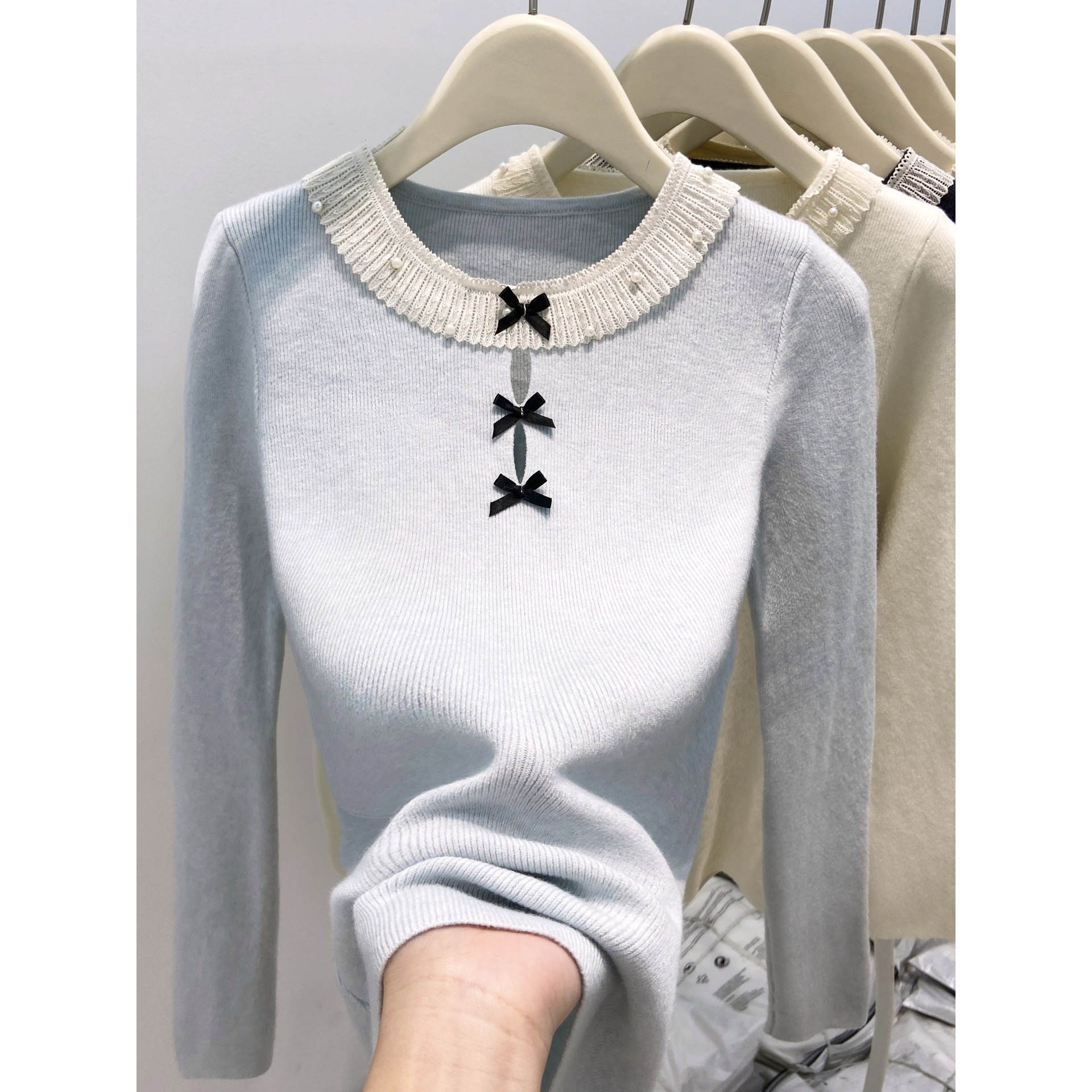 超甜敲温柔！必入打底～圆领蕾丝拼接蝴蝶结针织衫女秋冬内搭上衣