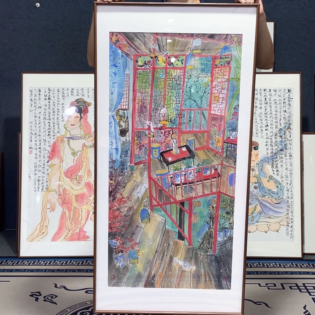 国画手绘画作品带框60/120