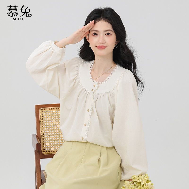 【大叔女装】23946法式温柔圆领长袖衬衫女设计感小众宽松显瘦上衣