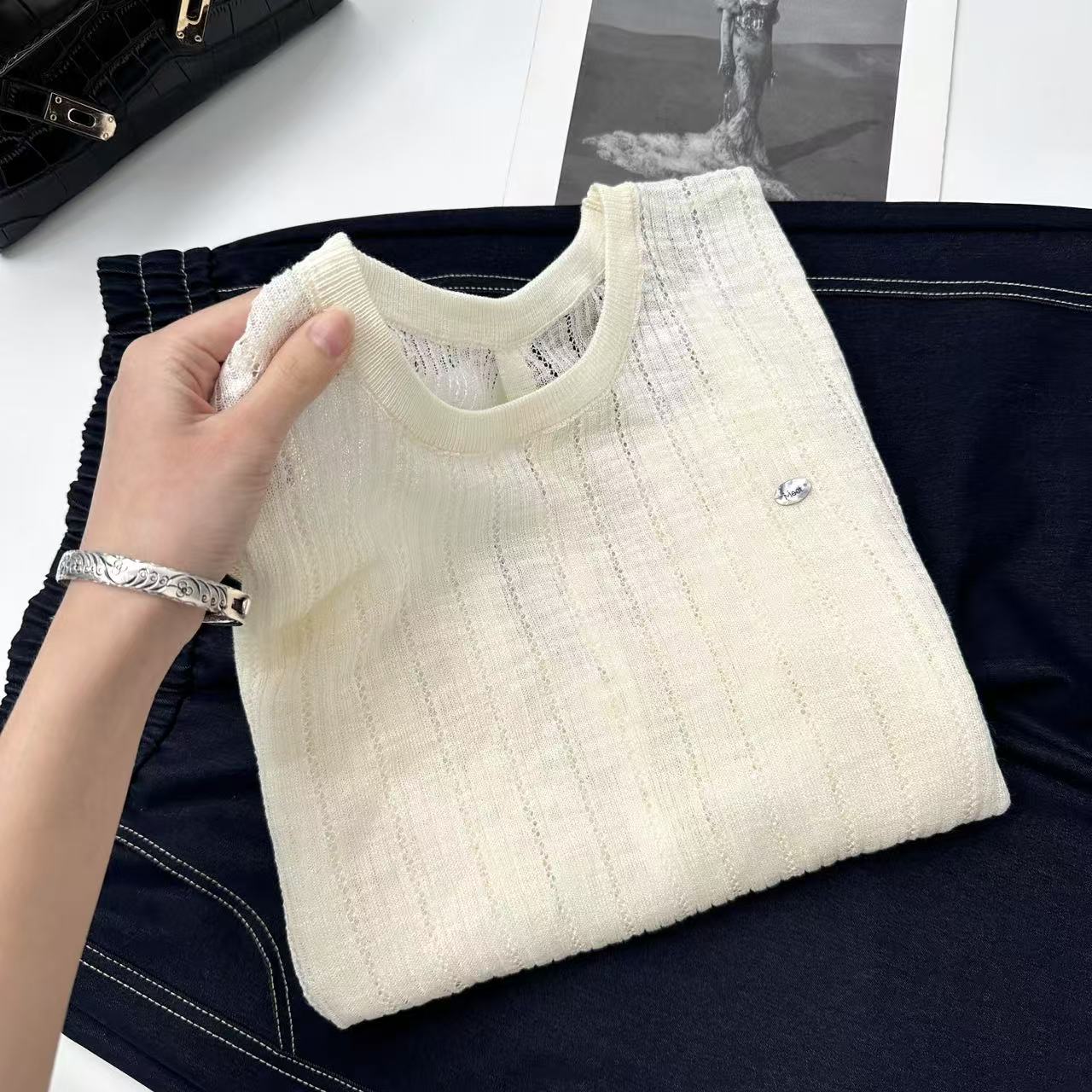 贝壳扣~镂空微透！！宽松百搭遮阳软糯春夏新款针织衫Y6655杏