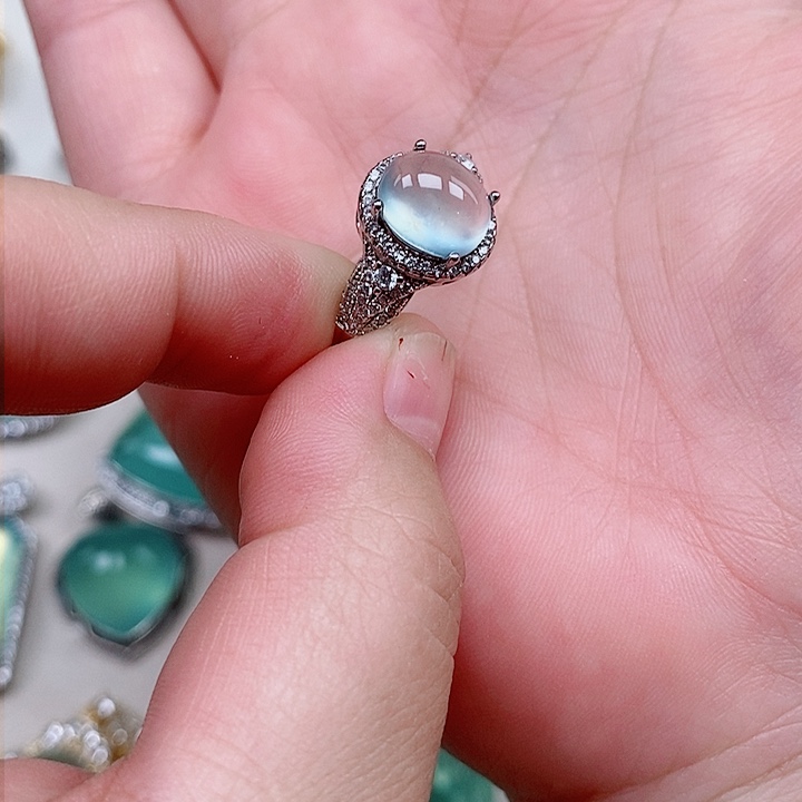 蛇纹石玉戒指银S925镶嵌茹*