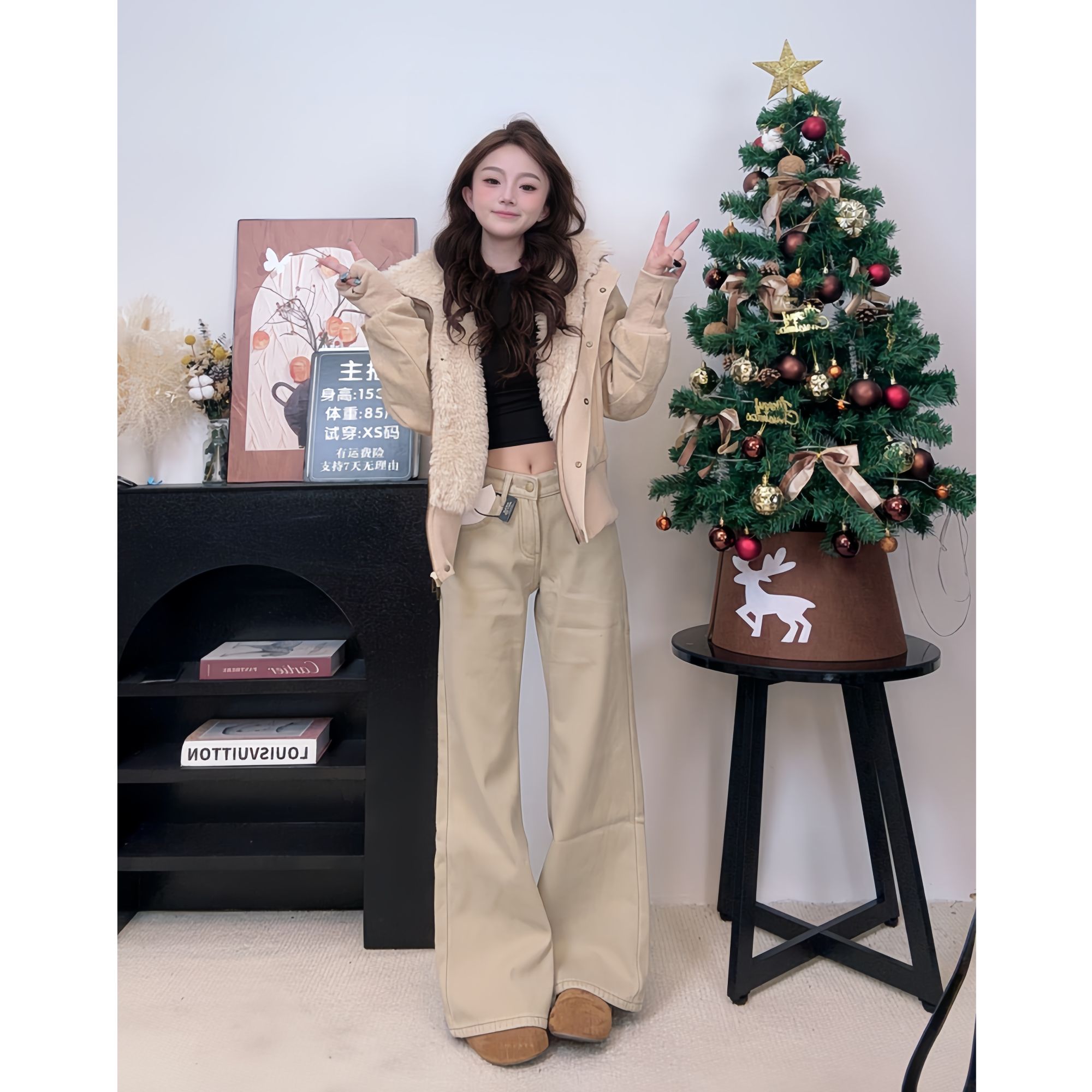 卡其色加绒加厚秋冬直筒微喇新款不贴腿通勤百搭小个子牛仔裤