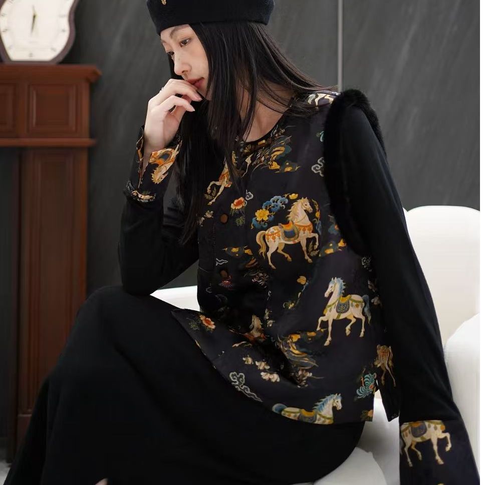 KIKI严选：213312-YER家欧洲站南油秋冬新中式拼香云纱打底衫长袖