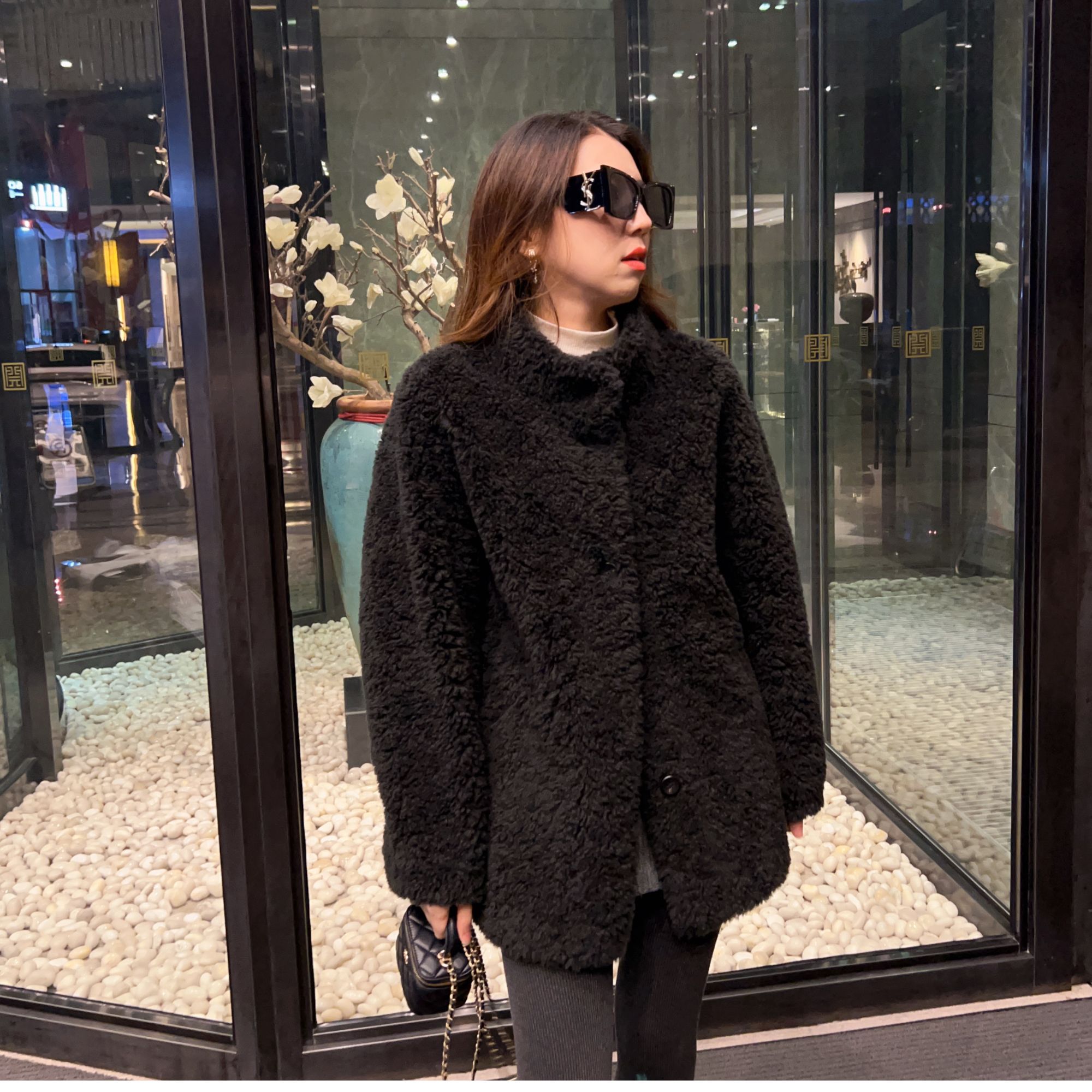 海宁秋冬季新款100羊毛颗粒绒立翻领中长款领女装外套休闲百搭