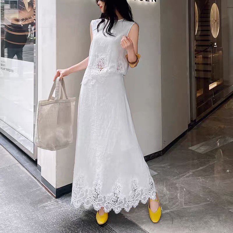 达人夏新款欧货刺绣宽松时尚设计感镂空蕾丝马甲半身裙两件套女装