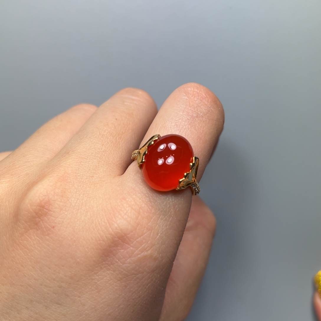 南红玛瑙冰红戒指小庄18K金镶嵌