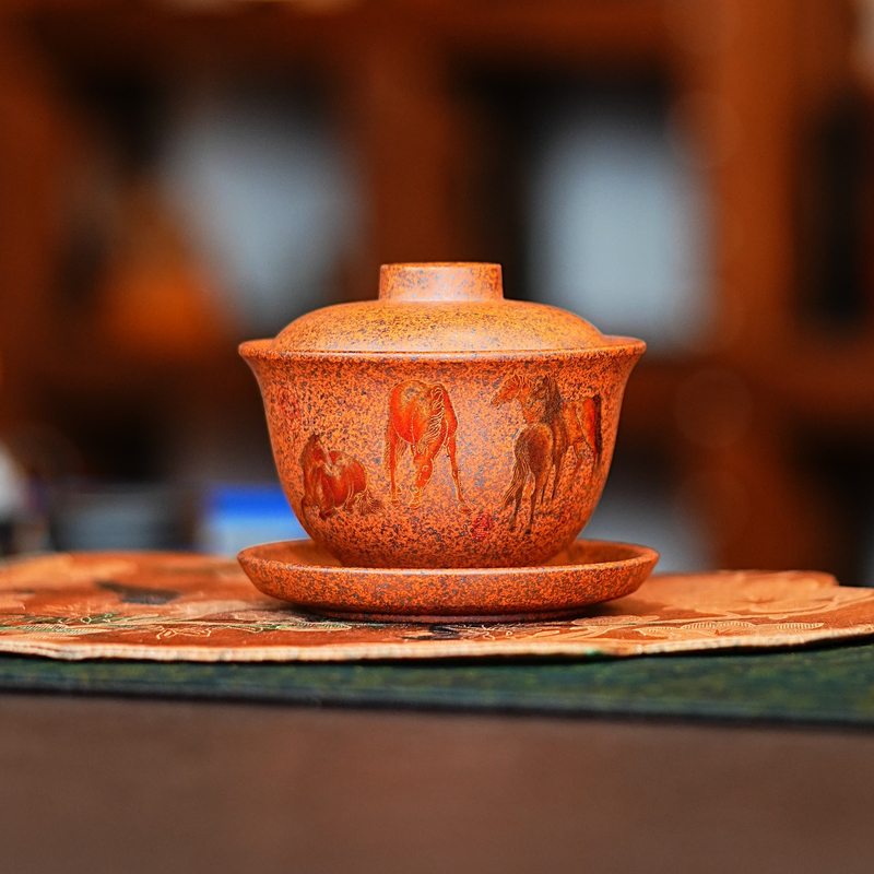 宜兴原矿紫砂全手工龙骨金砂柴烧珐琅彩描金八骏图紫砂三才盖碗