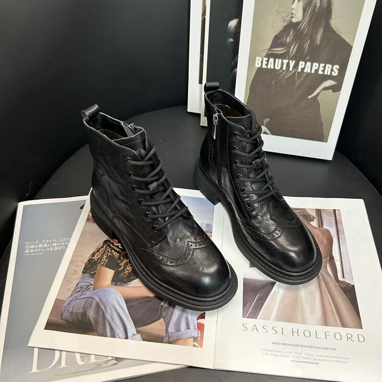 【撤柜断码】牛皮2.5公分/轻奢真皮短靴女鞋百搭时尚秋冬靴子682