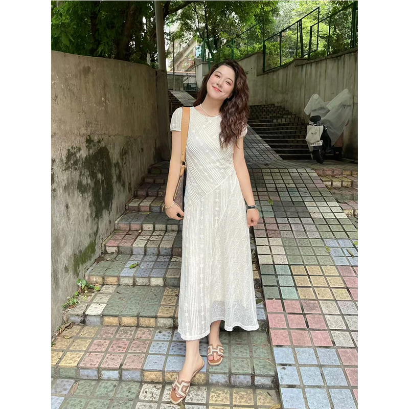 WenWen小个子韩系蕾丝拼接短袖连衣裙高级感气质收腰显瘦长裙4018