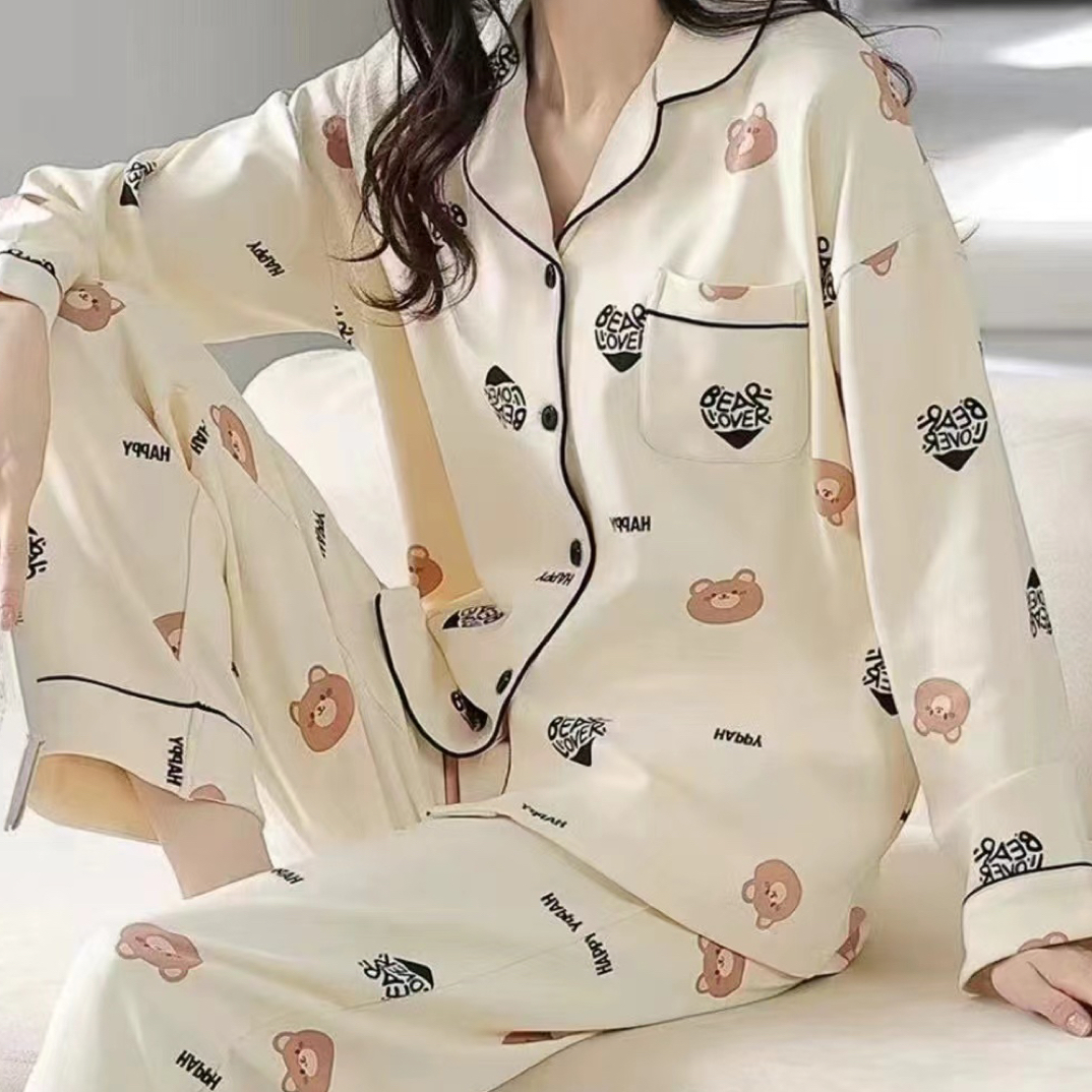 女士春秋长袖睡衣家居服套装