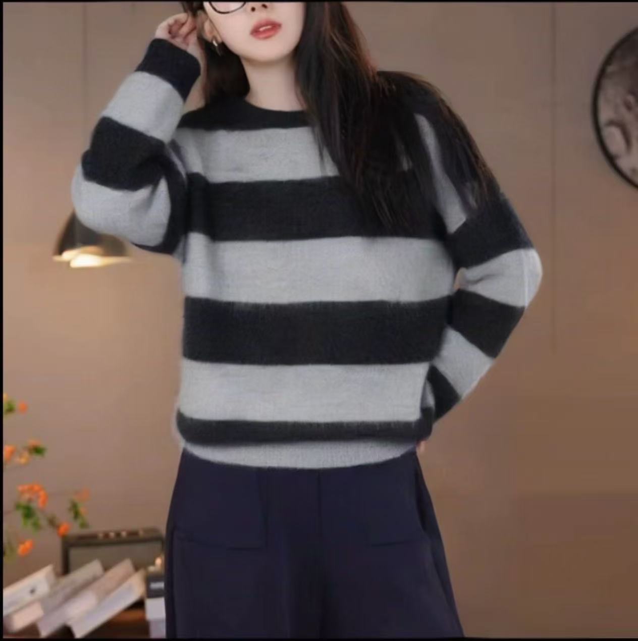 2025爆款流行条纹圆领不褪色长袖毛针织衫毛衣针织衫
