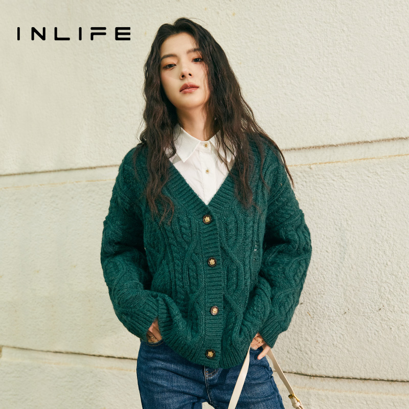 inlife复古V领毛衣慵懒高级感气质针织衫宽松保暖上衣W23Q3M5095
