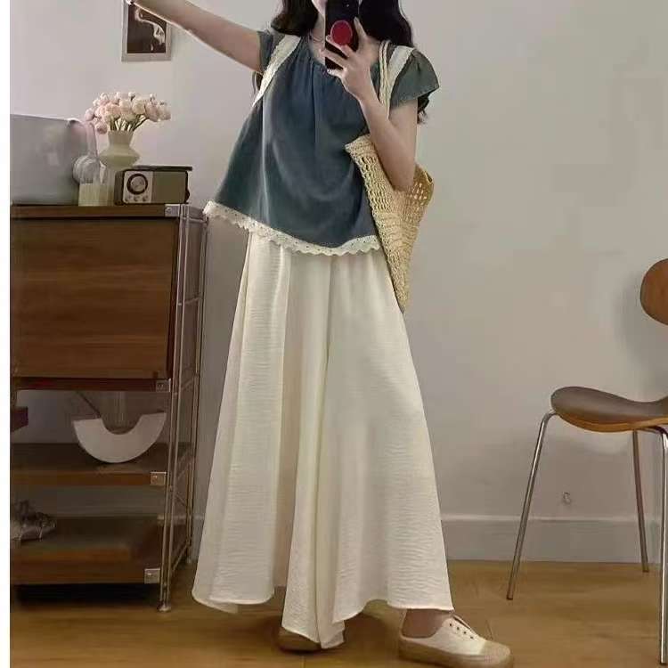 大码微胖复古休闲套装女夏季蕾丝牛仔上衣胖MM显瘦阔腿裤裙两件套