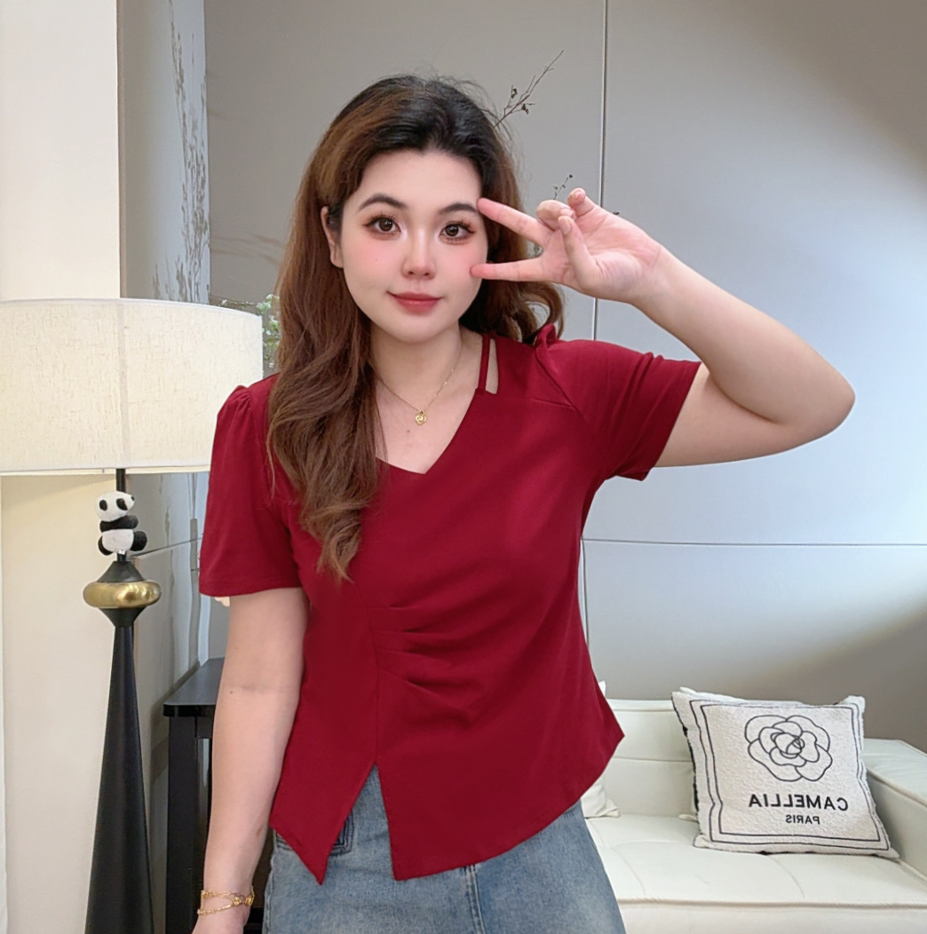 2025夏季新款胖mm大码女装时尚百搭v领开叉遮肚显瘦上衣