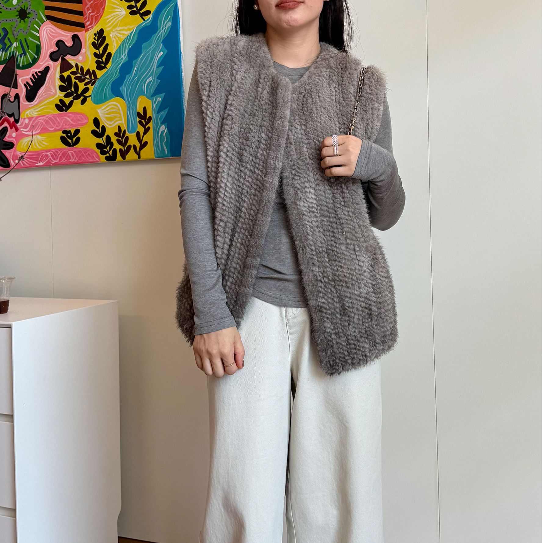 丹麦进口水貂毛圆领编织皮草外套女拉链短款毛毛2025冬季貂皮上衣