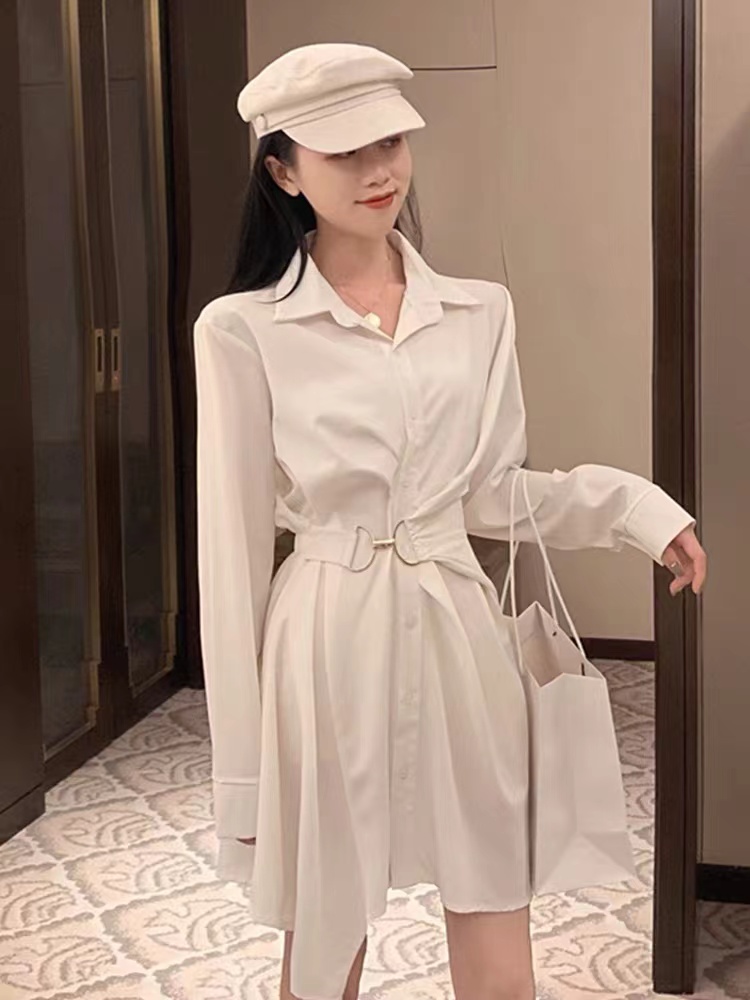 C4565春秋季新款白色连衣裙女气质小香风收腰显瘦衬衫赫本风裙子