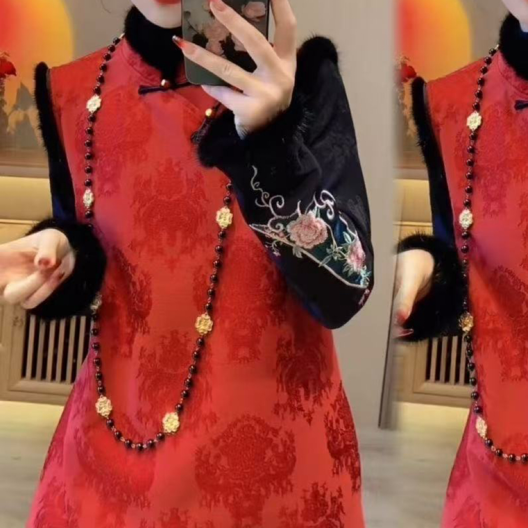 中式国风套装2025气质秋冬款提花毛毛马甲打底衫两件套轻奢百搭