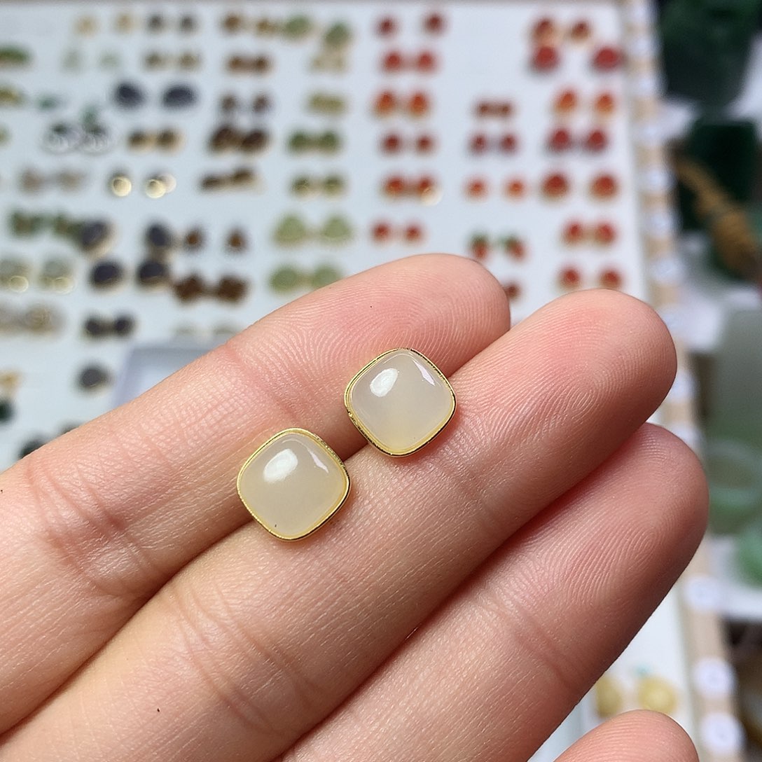 银S925镀金镶嵌和田玉（白玉）耳饰
