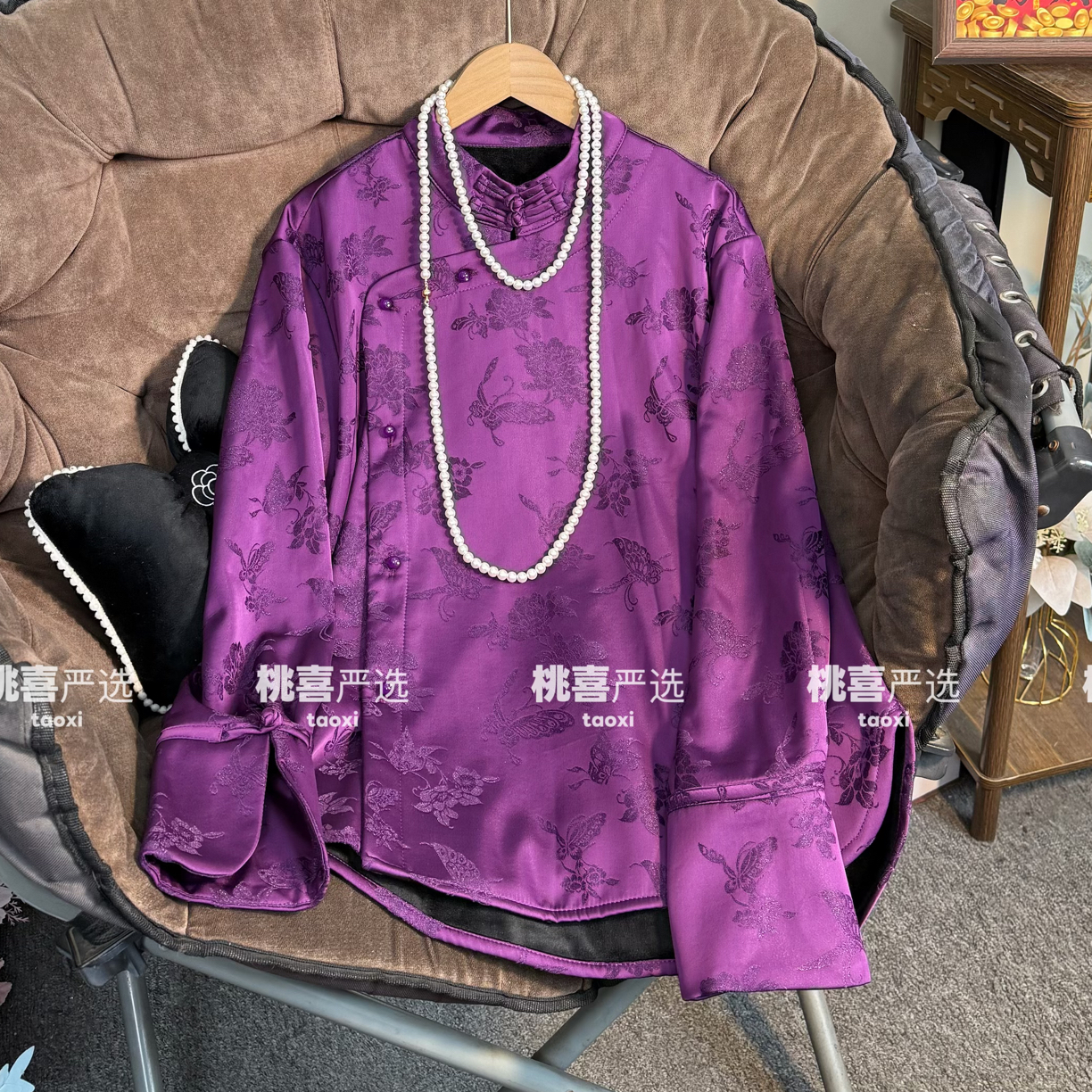 新中式国风立领斜襟重工提花加绒加厚显瘦百搭衬衫上衣女