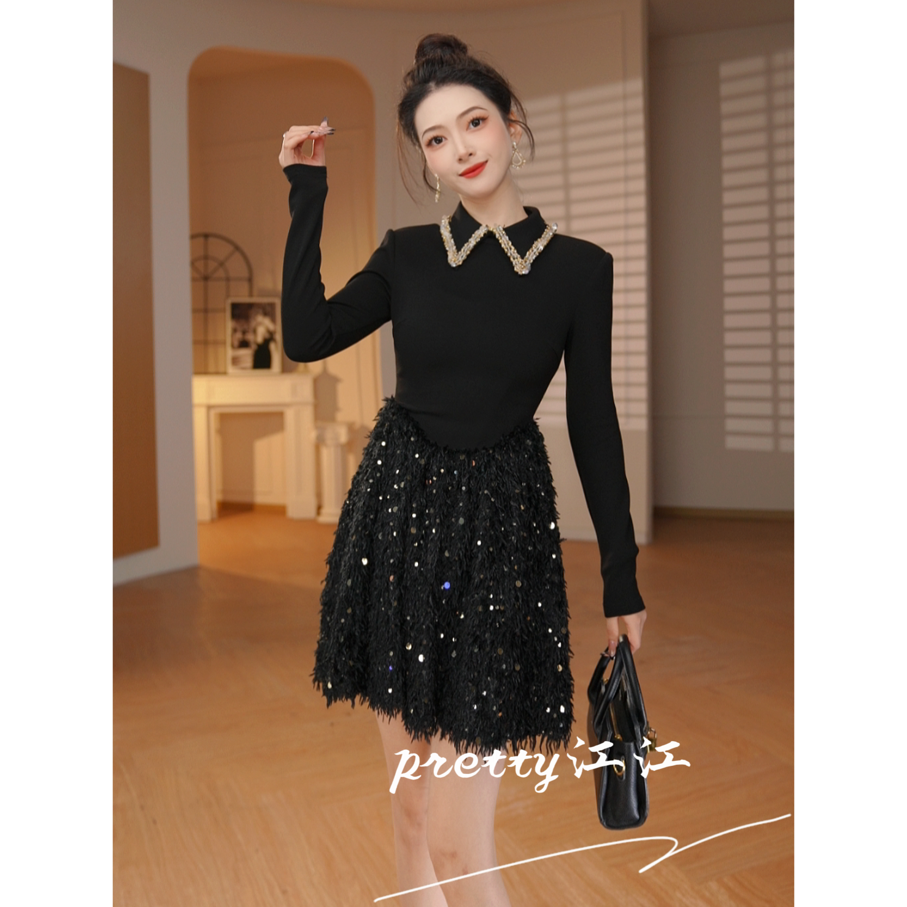 Pretty小众设计师品牌江江定制 轻熟风时尚洋气拼接连衣裙21890