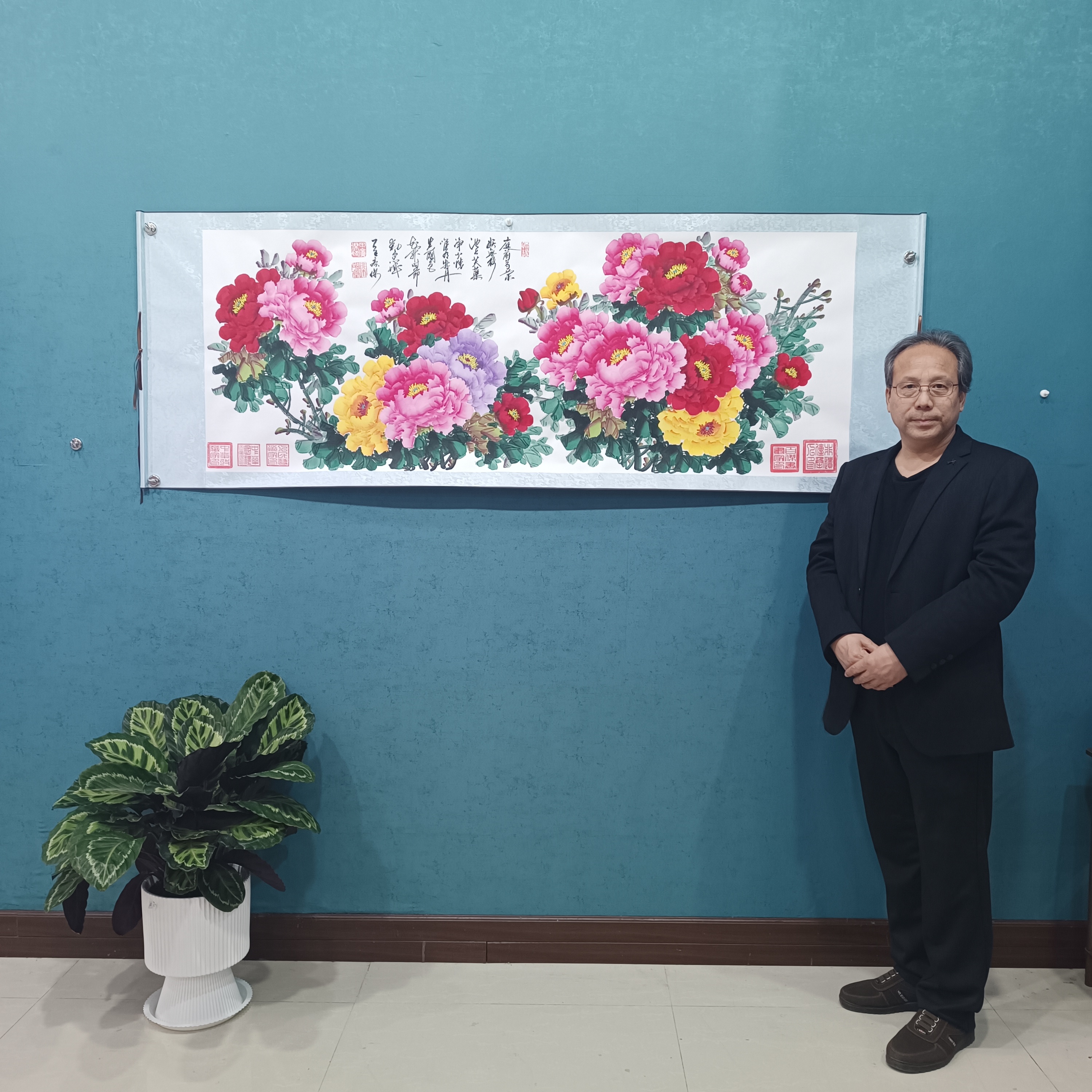 书画作品：《小六尺牡丹》70*200厘米横幅卷轴装裱