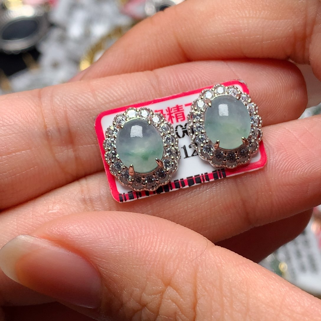 翡翠戒指银S925镶嵌天然翡翠耳饰