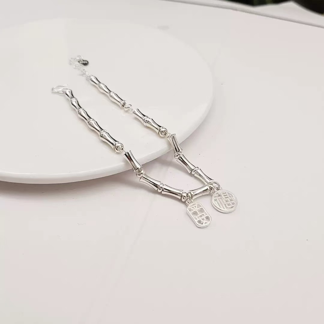 手链 【楠姐专享】平安福字竹节银手链节节高银手链延长链