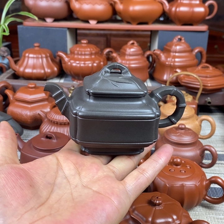 紫砂茶壶四方竹鼓200cc原矿古天青紫砂特价