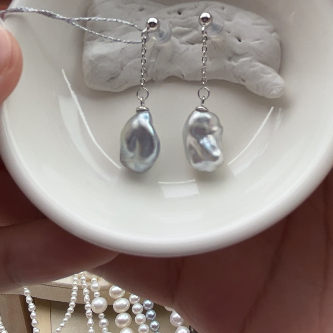 银S925镶嵌耳饰海水珍珠金珠keshi 21号链接