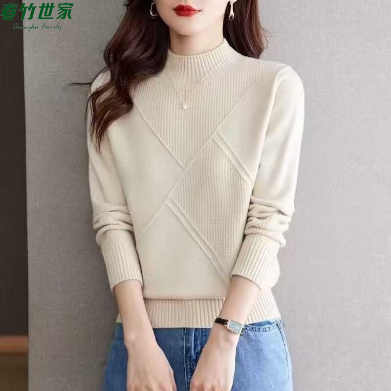 春竹世家半高领纯色打底毛衣女2025冬季韩版洋气保暖妈妈装针织衫