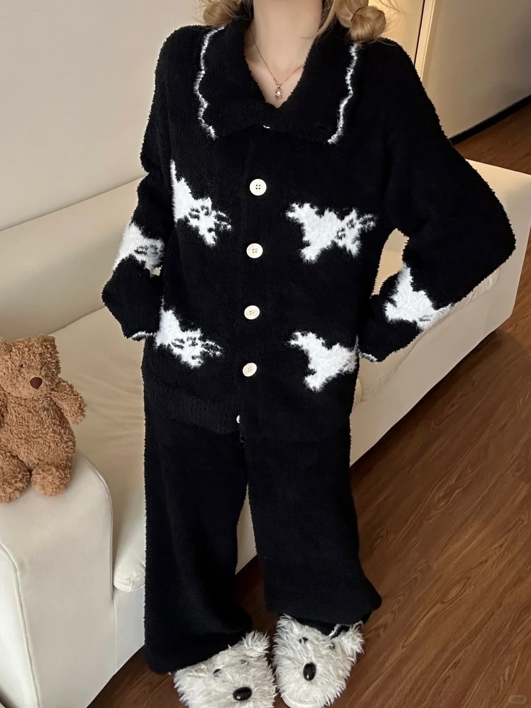 韩系炸毛小猫针织半边绒睡衣女秋冬新款保暖加绒加厚家居服套装