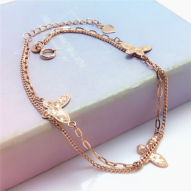 福福金楼585紫金碎冰冰蝴蝶双层手链时尚闪亮14K玫瑰金气质手链