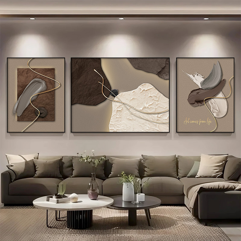 新版高清石来运转客厅轻奢简约挂画高级感沙发背景意式三联画