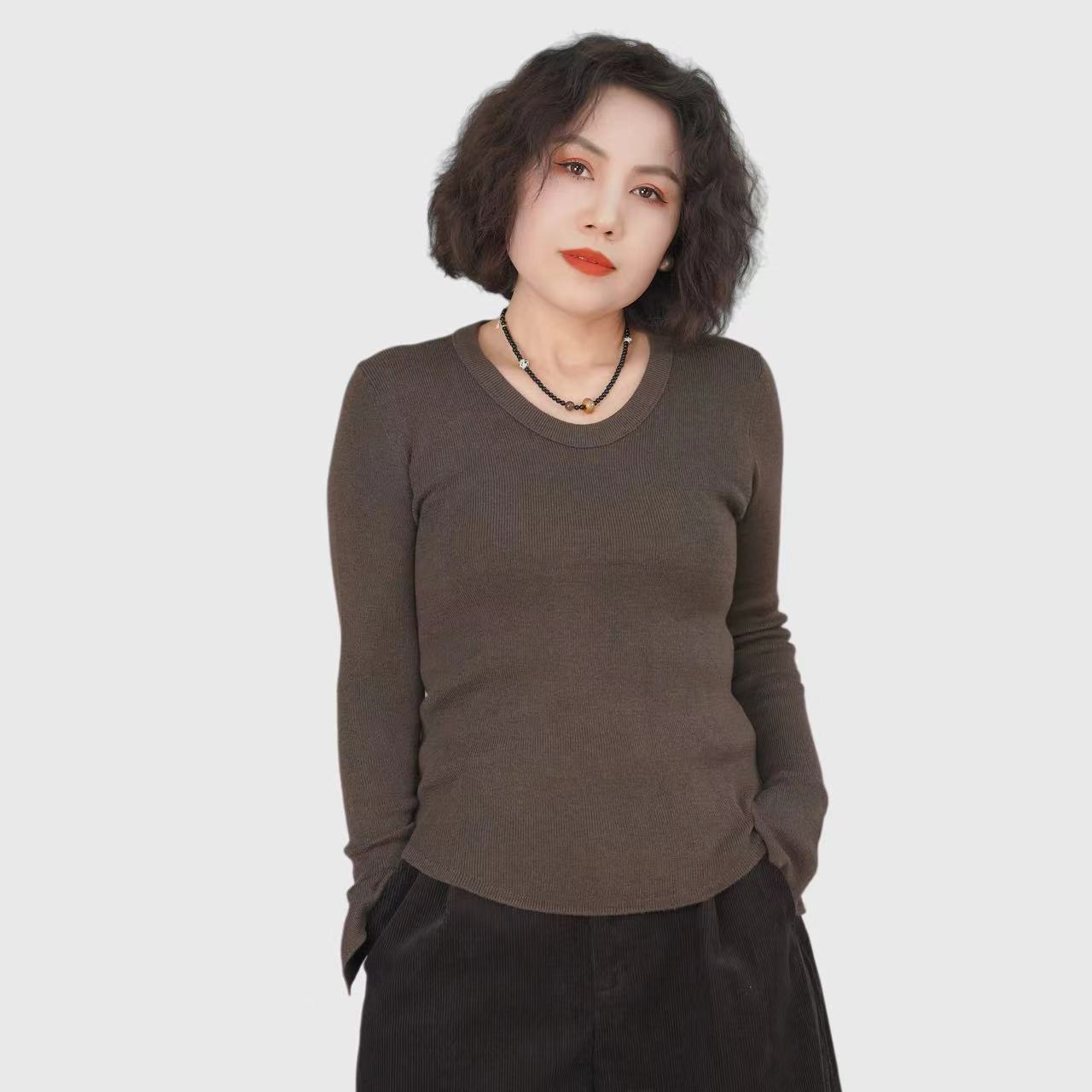 【1122】软糯细羊毛U领长袖开叉针织衫修身显瘦内搭打底衫紧身毛衣