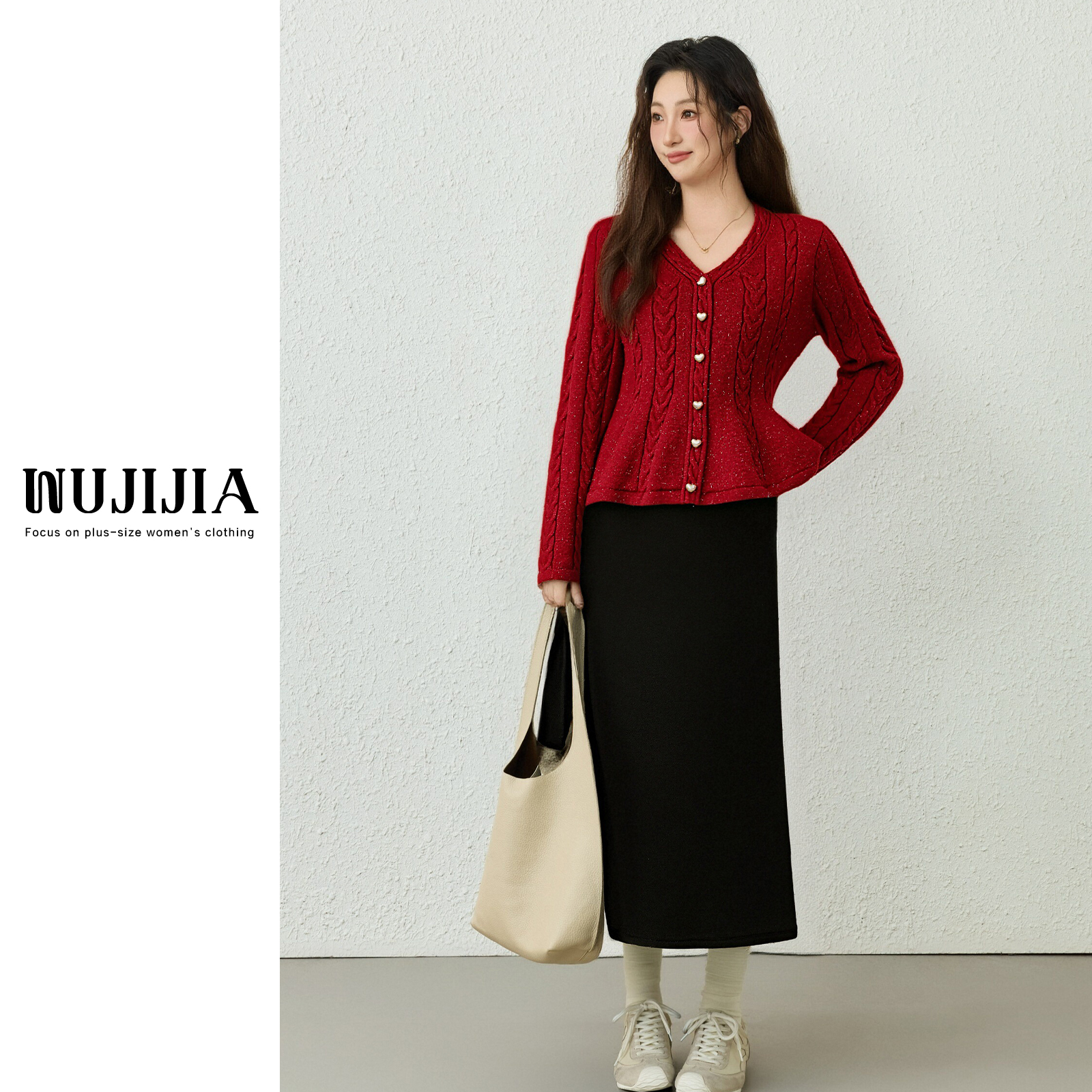 麦麦五季家大码红色上衣搭配黑色长半裙两件套ZL115200+ZL38595