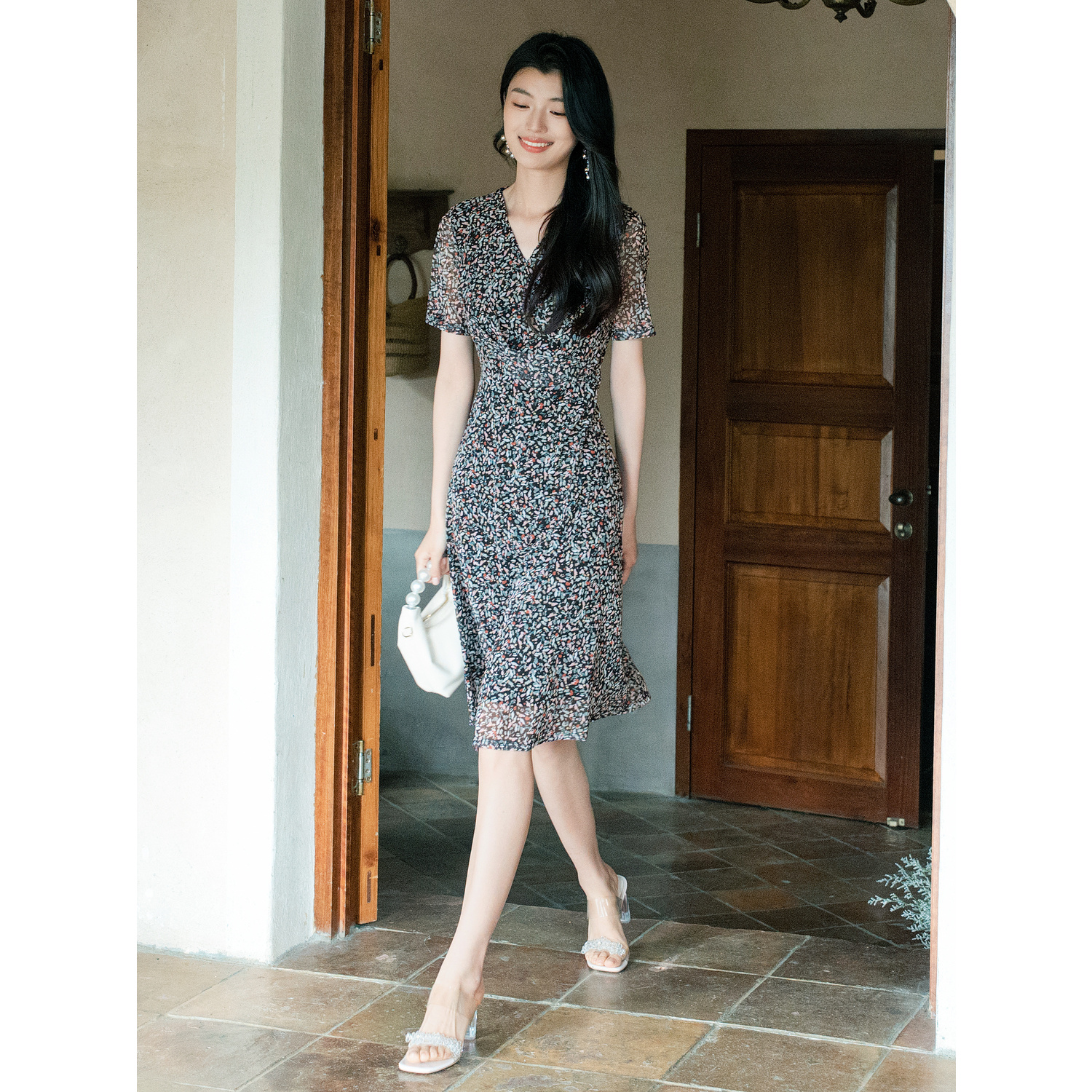 【粉丝专享】玖姿安娜蔻JTEX50047捏褶围裹式茶歇裙中长轻薄连衣裙