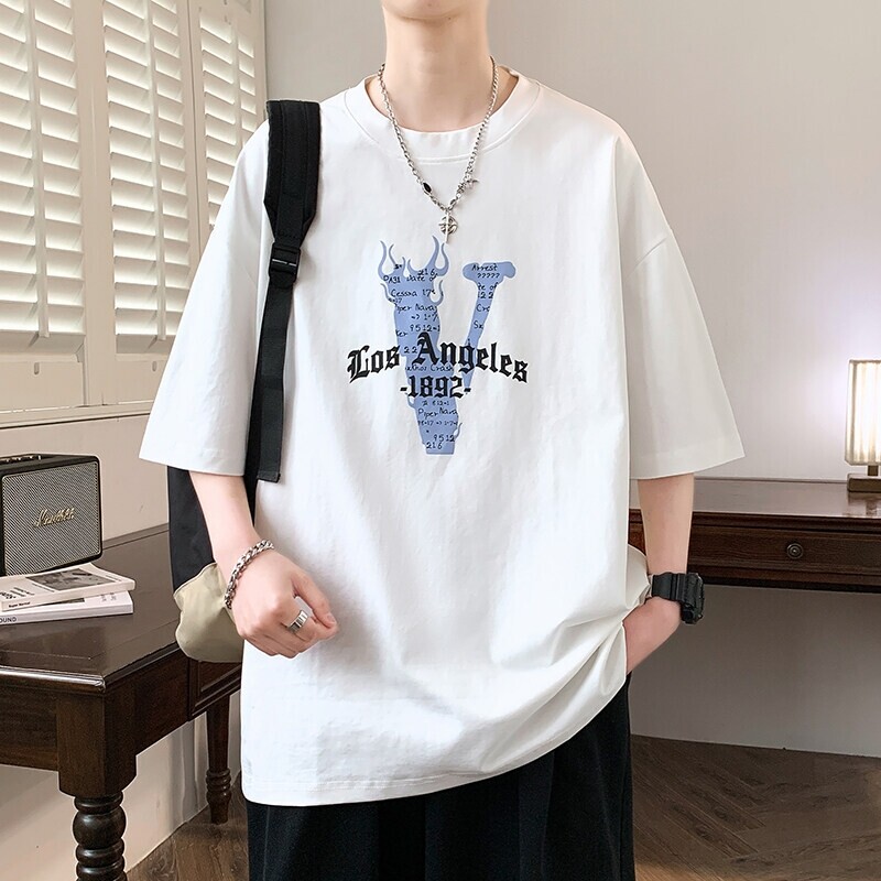 新款潮流休闲男士夏季青少年圆领短袖T恤百搭宽松港风印花韩版ins