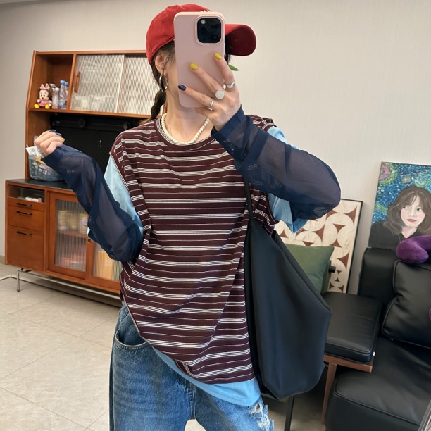 qiqi/琦琦推荐 韩版宽松设计师小众条纹拼接网纱袖防晒长袖T恤