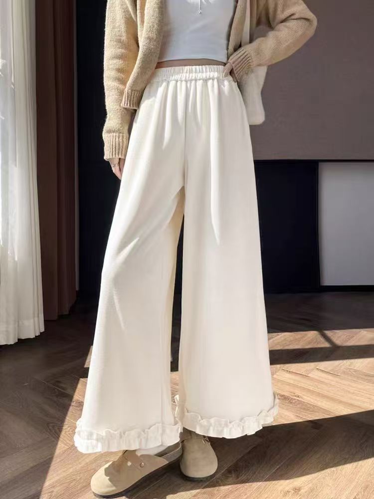 爆款加厚（加绒）复合汗布羊绒木耳边阔腿裤