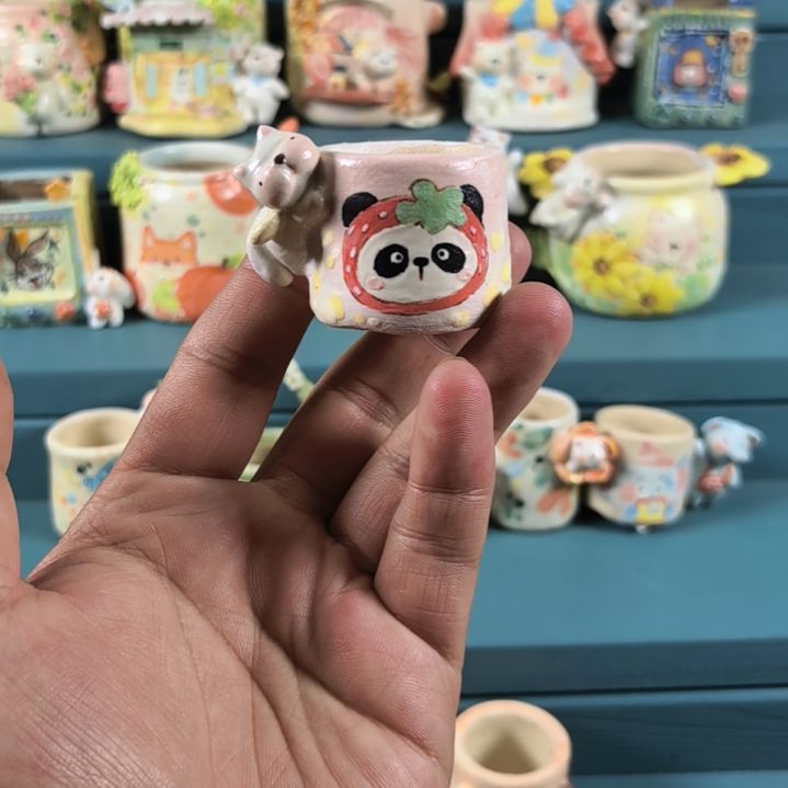 熊猫于猫 手绘多肉拇指花盆