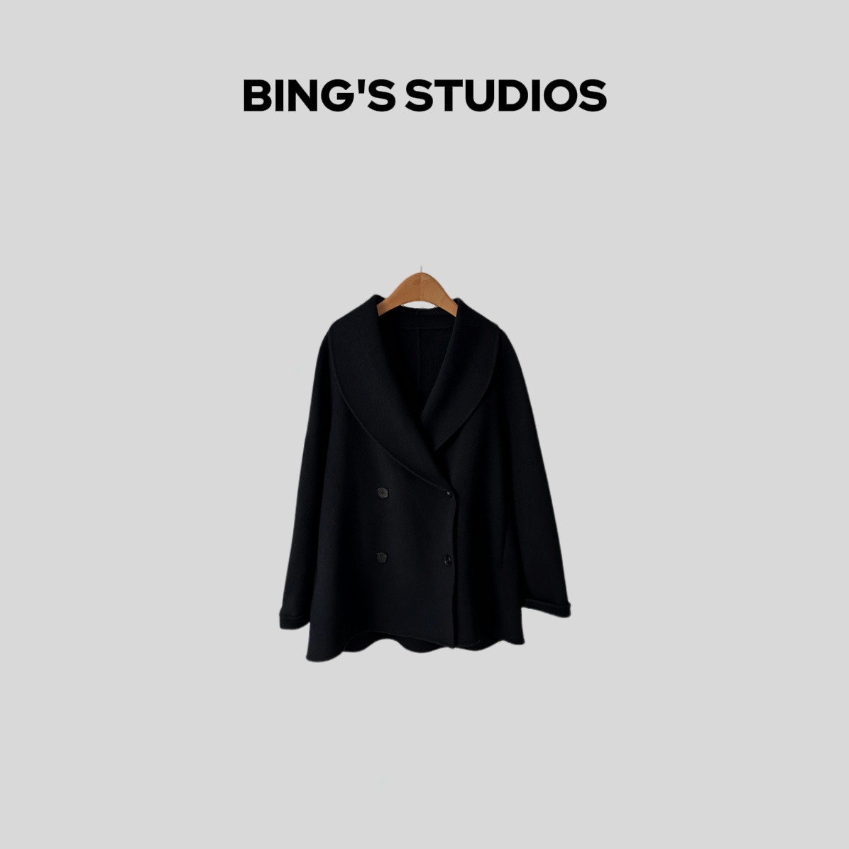 Bing Studios｜法式风中长款青果领羊毛大衣-6137