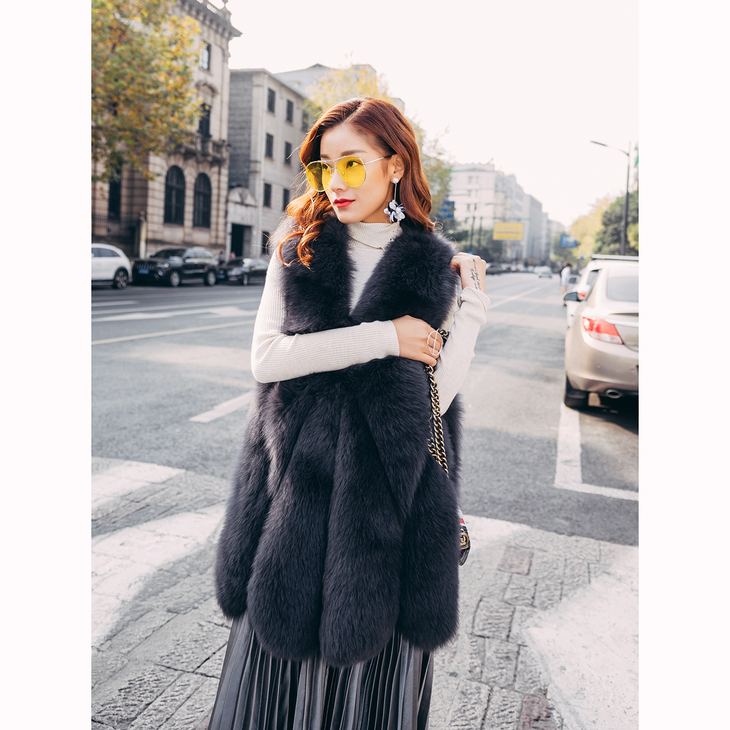 「经典美式」芬兰进口整皮狐狸毛马甲大水滴中长款皮草外套