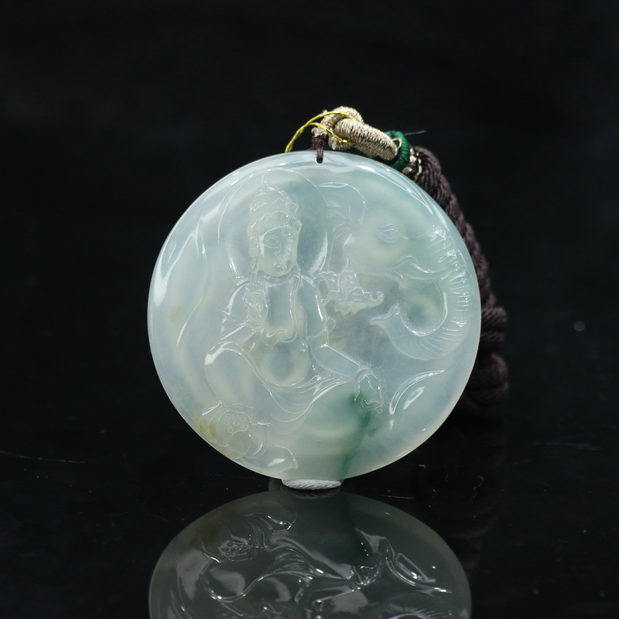 lot56天然A货翡翠高冰三彩普贤圆牌/400876厦门保利拍卖