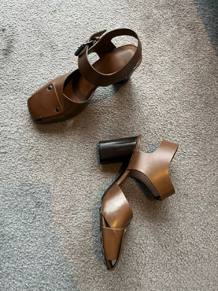 pomo法式极简高跟鞋粗跟方头凉鞋时尚气质包头凉拖鞋